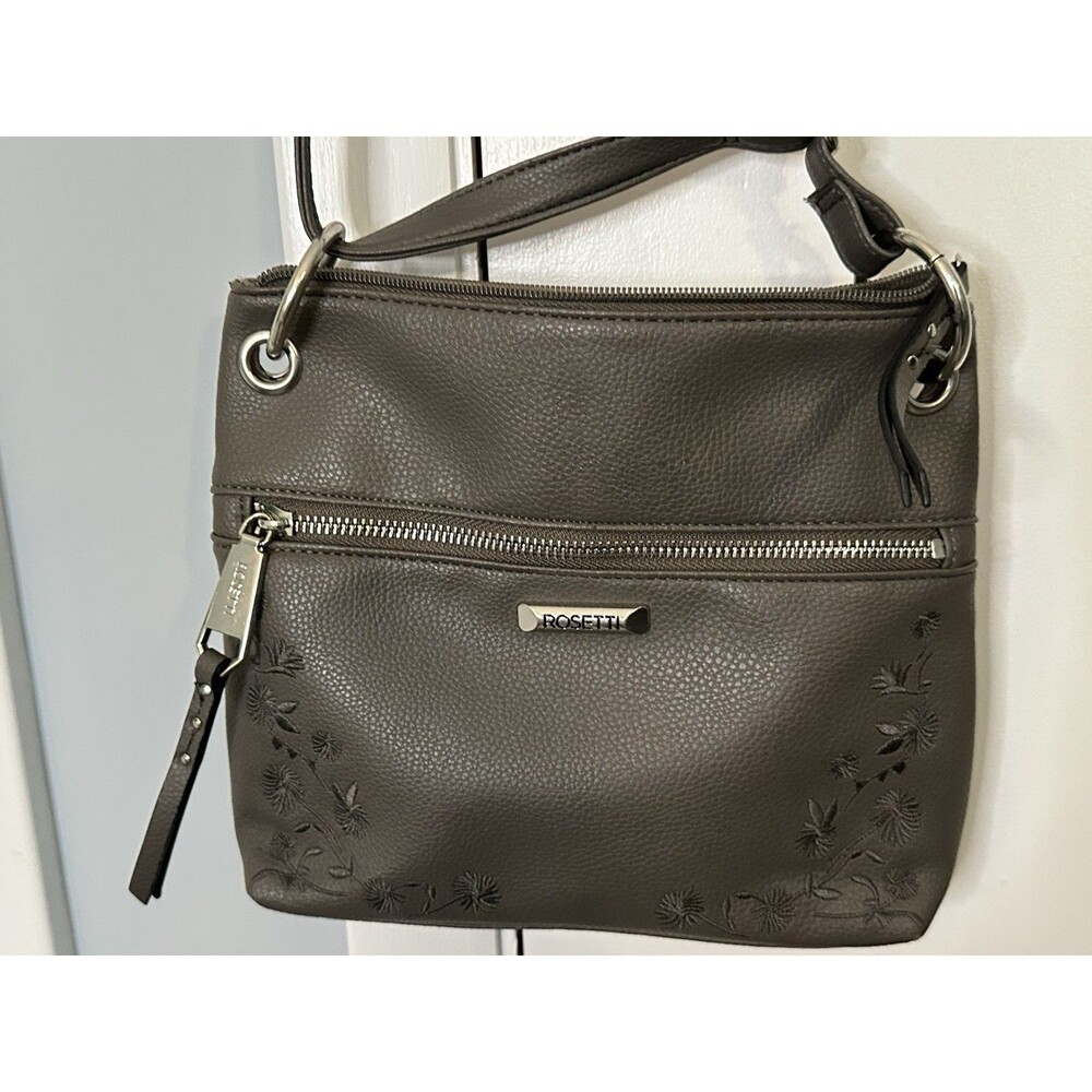 VGC Rosetti Faux Leather Crossbody Purse Gray Brown with Embroidered